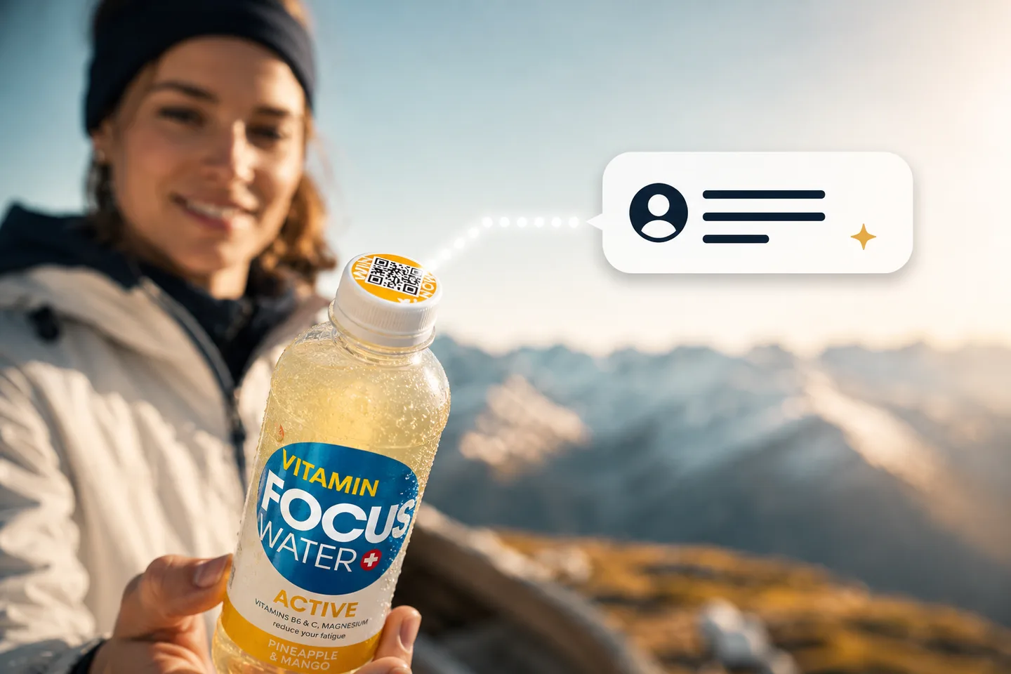 Ein Wanderer hält eine FOCUSWATER Active Flasche mit QR-Code auf dem Verschluss in den Bergen