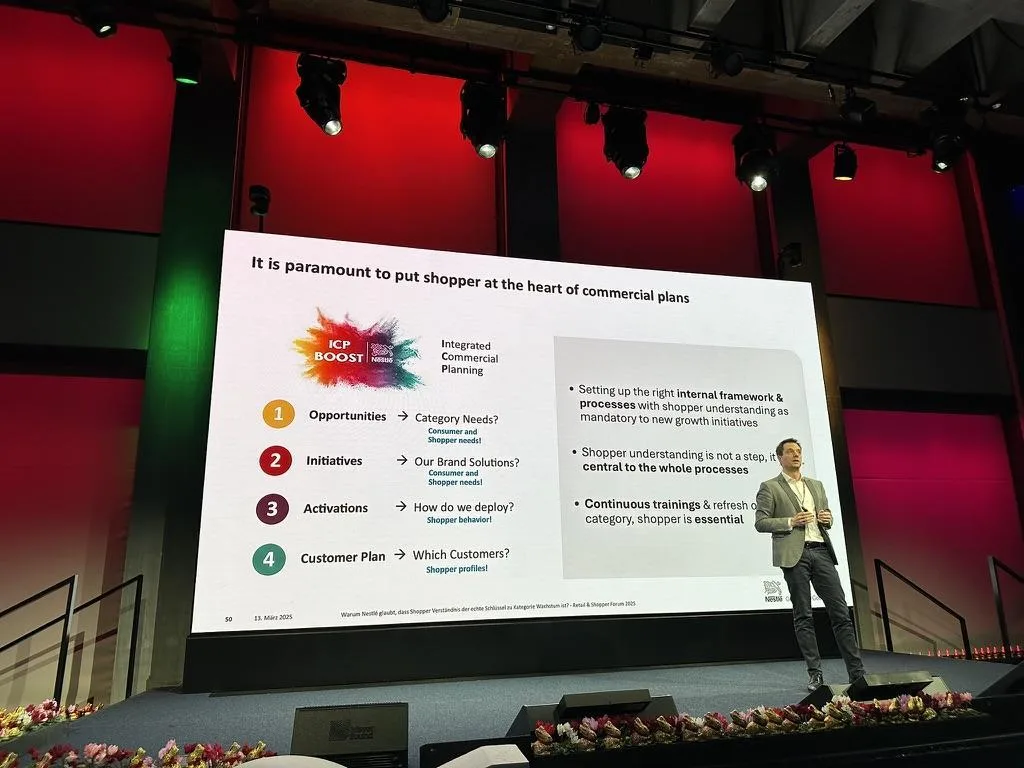 Bühne mit Slide zum Integrated Commercial Planning auf dem Retail & Shopper Forum 2025