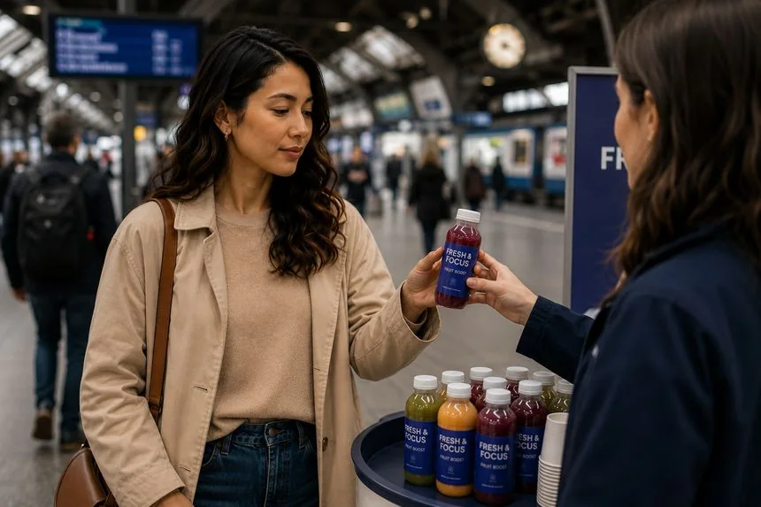 Konsumentin erhält an einem Sampling-Stand am Bahnhof eine Gratisflasche