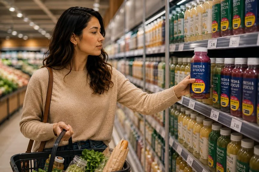 Konsumentin greift im Supermarkt zur Flasche mit CHF 2.00 Cashback-Sticker