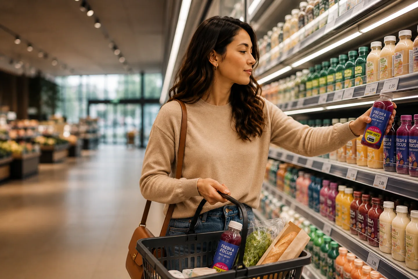 Shopperin wählt ein neues Produkt am Regal im Detailhandel