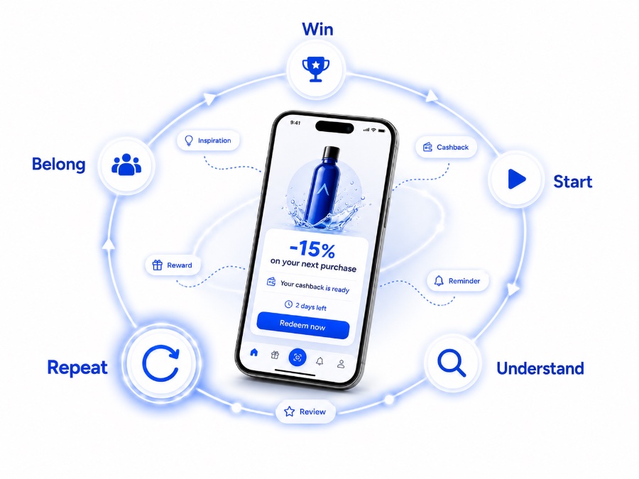 Wiederkauf-Zyklus: Start, Understand, Review, Repeat, Belong, Win